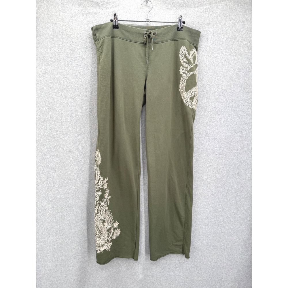 Lucky Brand Sweatpants Womens Large Green Y2K Vintage Embroidered Dove Peace
